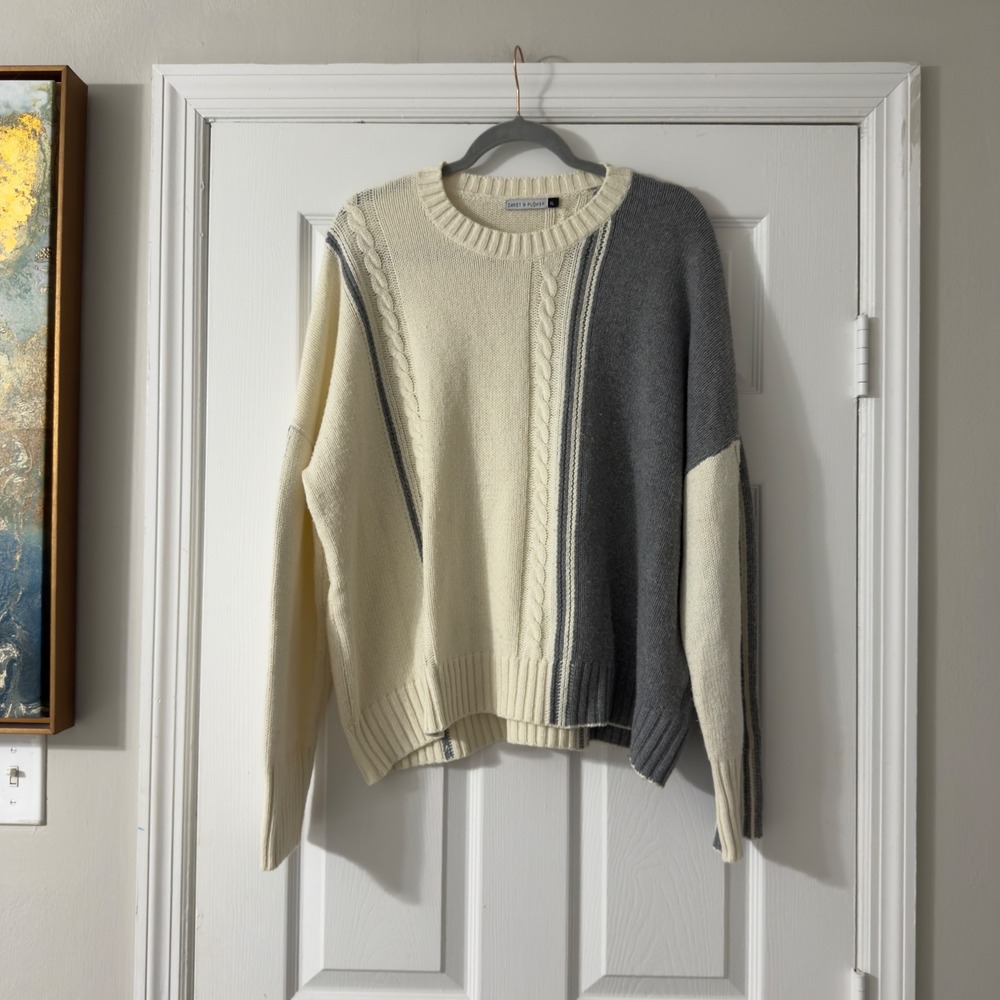Zaket & Plover Snow Sweater XL Merino Wool Blend Cream Gray Cable Knit